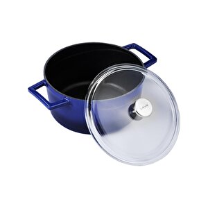 Döküm Yuvarlak Tencere Cam Kapaklı. Glaze Çap(ø)24cm. Mavi