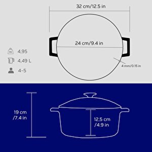 Lava Döküm Yuvarlak Tencere Cam Kapaklı. Glaze Çap(ø)24cm.