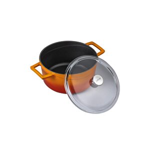 Döküm Yuvarlak Tencere Cam Kapaklı. Glaze Çap(ø)20cm. Turuncu