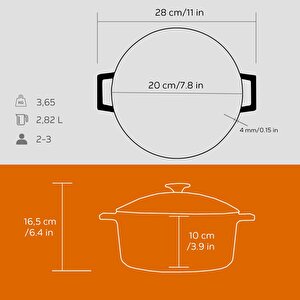 Lava Döküm Yuvarlak Tencere Cam Kapaklı. Glaze Çap(ø)20cm.