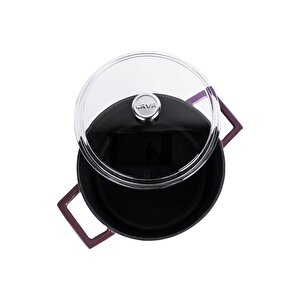 Döküm Yuvarlak Tencere Cam Kapaklı. Glaze Çap(ø)20cm. Mor