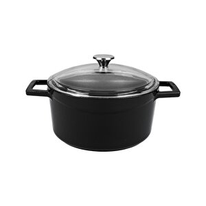Döküm Yuvarlak Tencere Cam Kapaklı. Glaze Çap(ø)24cm. Siyah