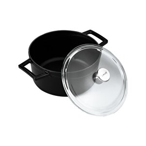 Döküm Yuvarlak Tencere Cam Kapaklı. Glaze Çap(ø)24cm. Siyah