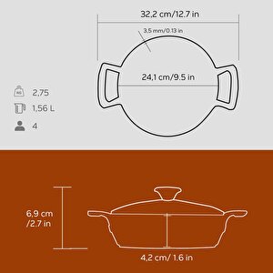 Lava Döküm Yuvarlak Sahan Cam Kapaklı Döküm Demir Yekpare Çift Kulplu Çap(ø)24cm.