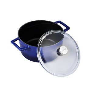 Döküm Yuvarlak Tencere Cam Kapaklı. Glaze Çap(ø)20cm. Mavi