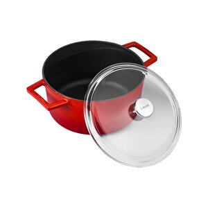 Döküm Yuvarlak Tencere Cam Kapaklı. Glaze Çap(ø)24cm. Kırmızı