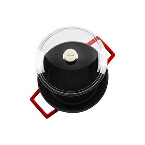 Döküm Yuvarlak Tencere Cam Kapaklı. Glaze Çap(ø)24cm. Kırmızı