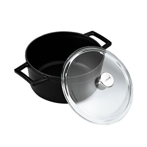 Döküm Yuvarlak Tencere Cam Kapaklı. Glaze Çap(ø)20cm. Siyah