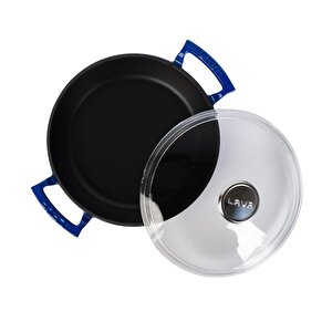 Döküm Yuvarlak Sahan Cam Kapaklı Döküm Demir Yekpare Çift Kulplu Çap(ø)24cm. Mavi