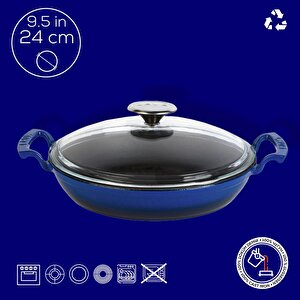 Lava Döküm Yuvarlak Sahan Cam Kapaklı Döküm Demir Yekpare Çift Kulplu Çap(ø)24cm.