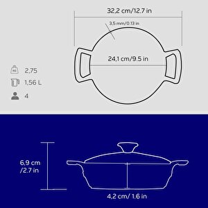 Lava Döküm Yuvarlak Sahan Cam Kapaklı Döküm Demir Yekpare Çift Kulplu Çap(ø)24cm.