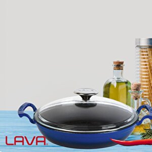 Lava Döküm Yuvarlak Sahan Cam Kapaklı Döküm Demir Yekpare Çift Kulplu Çap(ø)24cm.