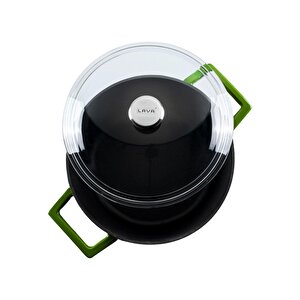 Döküm Yuvarlak Tencere Cam Kapaklı. Glaze Çap(ø)20cm. Yeşil