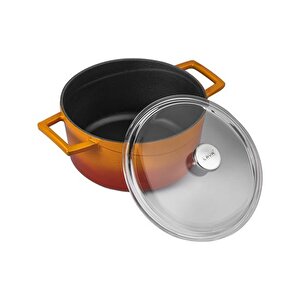 Döküm Yuvarlak Tencere Cam Kapaklı. Glaze Çap(ø)24cm. Turuncu