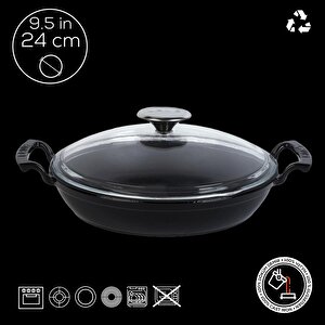 Lava Döküm Yuvarlak Sahan Cam Kapaklı Döküm Demir Yekpare Çift Kulplu Çap(ø)24cm.