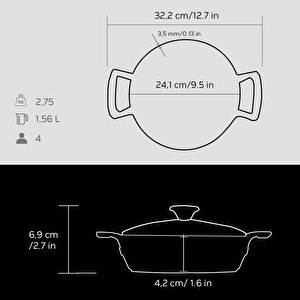 Lava Döküm Yuvarlak Sahan Cam Kapaklı Döküm Demir Yekpare Çift Kulplu Çap(ø)24cm.