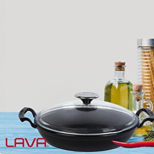 Lava Döküm Yuvarlak Sahan Cam Kapaklı Döküm Demir Yekpare Çift Kulplu Çap(ø)24cm.