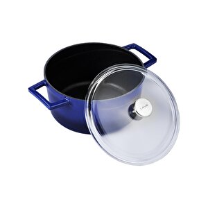 Döküm Yuvarlak Tencere Cam Kapaklı. Glaze Çap(ø)28cm. Mavi