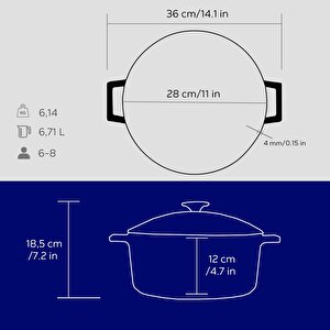 Lava Döküm Yuvarlak Tencere Cam Kapaklı. Glaze Çap(ø)28cm.