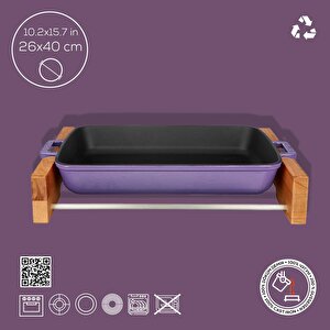 Lava Döküm Dikdörtgen Rosto Ve Fırın Tepsisi Kayın Servis Ahşabı Döküm Demir Yekpare Çift Kulplu Ölçü 26x40cm.