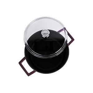 Döküm Yuvarlak Tencere Cam Kapaklı. Glaze Çap(ø)24cm. Mor