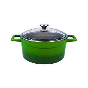 Döküm Yuvarlak Tencere Cam Kapaklı. Glaze Çap(ø)28cm. Yeşil