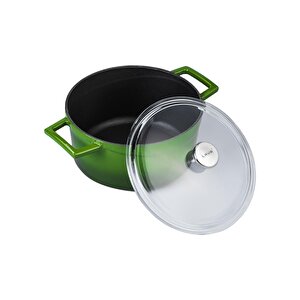 Döküm Yuvarlak Tencere Cam Kapaklı. Glaze Çap(ø)28cm. Yeşil