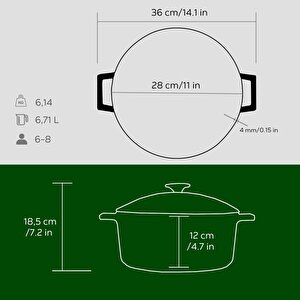 Lava Döküm Yuvarlak Tencere Cam Kapaklı. Glaze Çap(ø)28cm.