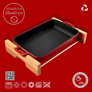 Lava Döküm Dikdörtgen Rosto Ve Fırın Tepsisi Kayın Servis Ahşabı Döküm Demir Yekpare Çift Kulplu Ölçü 26x40cm.