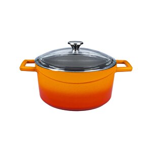 Döküm Yuvarlak Tencere Cam Kapaklı. Glaze Çap(ø)28cm. Turuncu