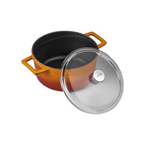 Döküm Yuvarlak Tencere Cam Kapaklı. Glaze Çap(ø)28cm. Turuncu