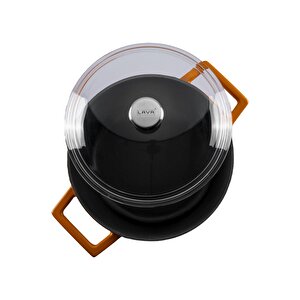 Döküm Yuvarlak Tencere Cam Kapaklı. Glaze Çap(ø)28cm. Turuncu