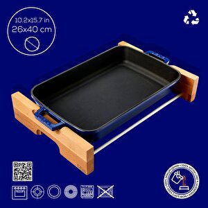 Lava Döküm Dikdörtgen Rosto Ve Fırın Tepsisi Kayın Servis Ahşabı Döküm Demir Yekpare Çift Kulplu Ölçü 26x40cm.