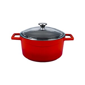 Döküm Yuvarlak Tencere Cam Kapaklı. Glaze Çap(ø)28cm. Kırmızı