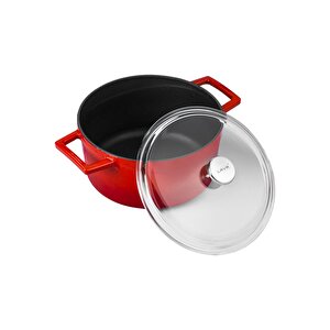 Döküm Yuvarlak Tencere Cam Kapaklı. Glaze Çap(ø)28cm. Kırmızı