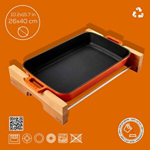 Lava Döküm Dikdörtgen Rosto Ve Fırın Tepsisi Kayın Servis Ahşabı Döküm Demir Yekpare Çift Kulplu Ölçü 26x40cm.