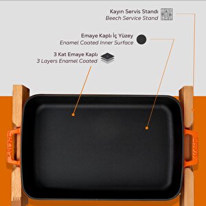 Lava Döküm Dikdörtgen Rosto Ve Fırın Tepsisi Kayın Servis Ahşabı Döküm Demir Yekpare Çift Kulplu Ölçü 26x40cm.