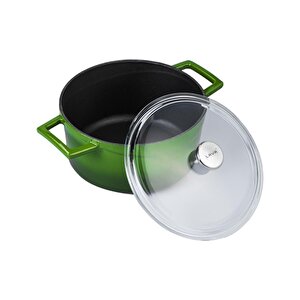 Döküm Yuvarlak Tencere Cam Kapaklı. Glaze Çap(ø)24cm. Yeşil