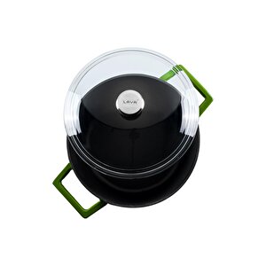 Döküm Yuvarlak Tencere Cam Kapaklı. Glaze Çap(ø)24cm. Yeşil