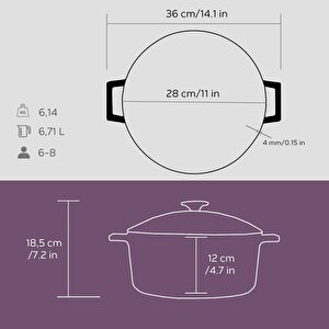 Lava Döküm Yuvarlak Tencere Cam Kapaklı. Glaze Çap(ø)28cm.