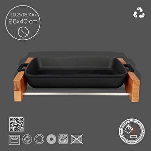 Döküm Dikdörtgen Rosto Ve Fırın Tepsisi Kayın Servis Ahşabı Döküm Demir Yekpare Çift Kulplu Ölçü 26x40cm. Siyah