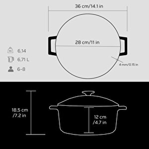 Lava Döküm Yuvarlak Tencere Cam Kapaklı. Glaze Çap(ø)28cm.
