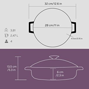 Lava Döküm Çok Amaçlı Yayvan Tencere. Glaze Serisi Çap(ø)24cm. - Kırmızı