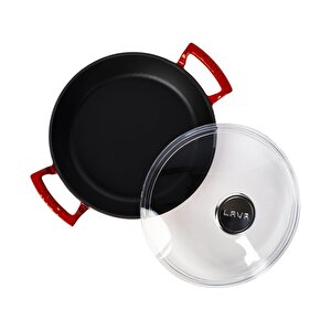 Döküm Yuvarlak Sahan Cam Kapaklı Döküm Demir Yekpare Çift Kulplu Çap(ø)24cm. Kırmızı