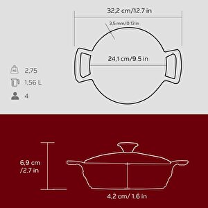 Lava Döküm Yuvarlak Sahan Cam Kapaklı Döküm Demir Yekpare Çift Kulplu Çap(ø)24cm.