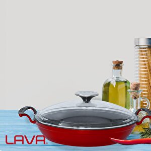 Lava Döküm Yuvarlak Sahan Cam Kapaklı Döküm Demir Yekpare Çift Kulplu Çap(ø)24cm.