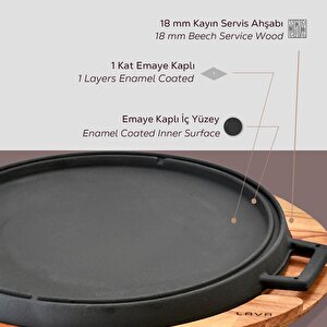 Lava Döküm Yuvarlak Çift Yön Izgara Tavası Kayın Servis Ahşabı Döküm Demir Yekpare Çift Kulplu Çap(ø)28cm.