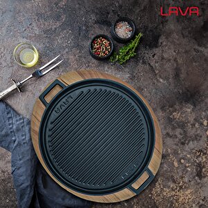 Lava Döküm Yuvarlak Çift Yön Izgara Tavası Kayın Servis Ahşabı Döküm Demir Yekpare Çift Kulplu Çap(ø)28cm.