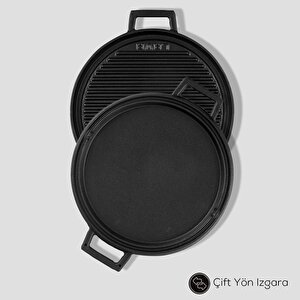 Lava Döküm Yuvarlak Çift Yön Izgara Tavası Kayın Servis Ahşabı Döküm Demir Yekpare Çift Kulplu Çap(ø)28cm.