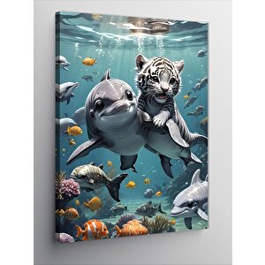 Kanvas Tablo Sudaki Yavru Kaplan Ve Yunus 70x100 cm